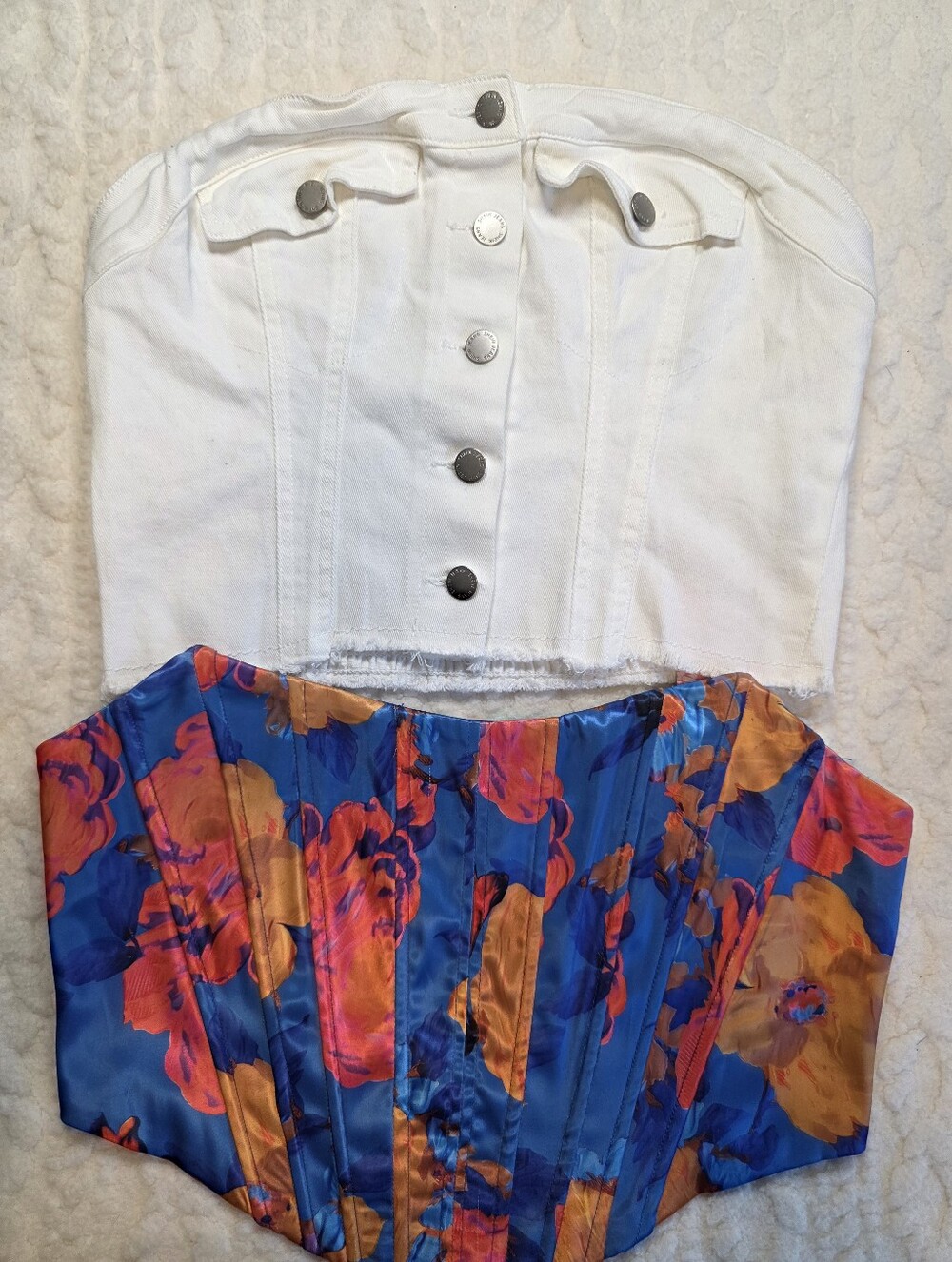 2 Pc Corset Top Set Fashion Nova Floral Bustier & SHEIN MOD White Denim Top